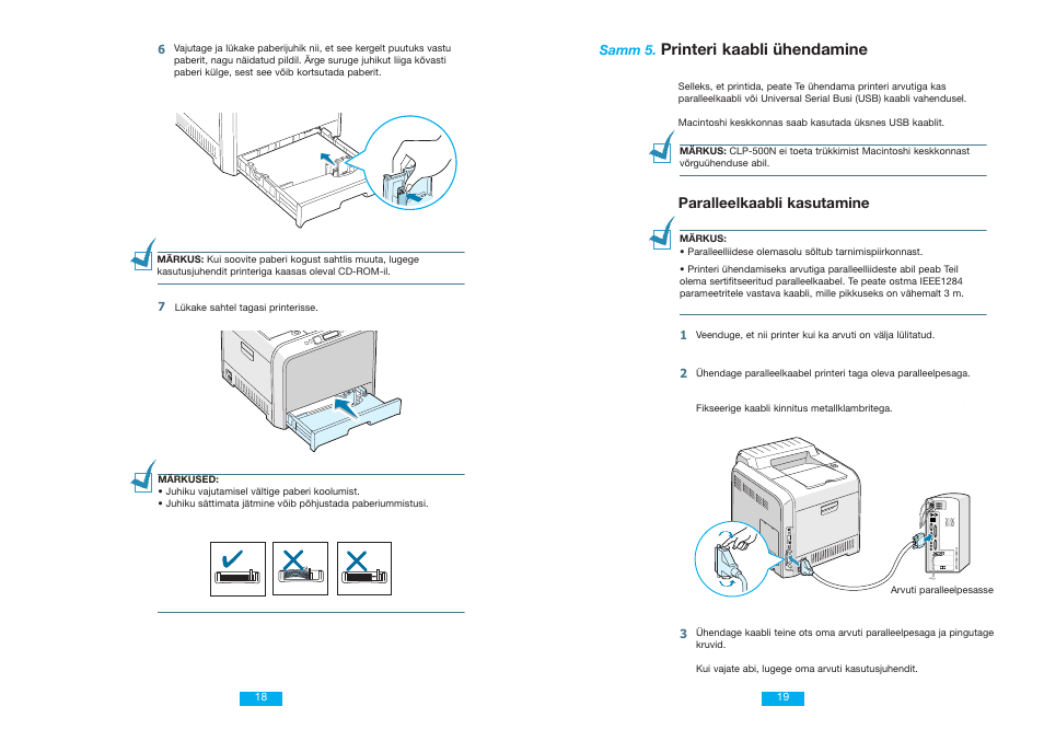 English, Printeri kaabli ühendamine, Connecting a printer cable | Paralleelkaabli kasutamine | Samsung CLP 500N User Manual | Page 10 / 15