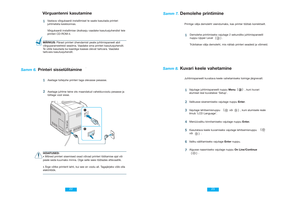 English, Demolehe printimine, Kuvari keele vahetamine | Printing a demo page, Changing the display language, Turning the printer on, Võrguantenni kasutamine, Printeri sisselülitamine | Samsung CLP 500N User Manual | Page 12 / 15