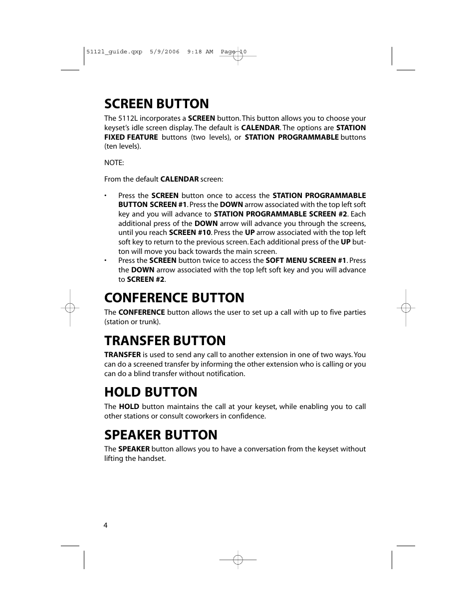 Screen button, Conference button, Transfer button | Hold button, Speaker button | Samsung ITP-5112L User Manual | Page 11 / 98