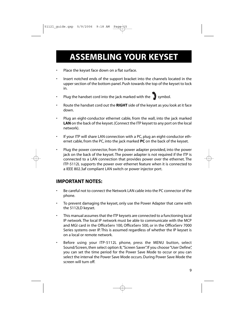 Assembling your keyset | Samsung ITP-5112L User Manual | Page 16 / 98