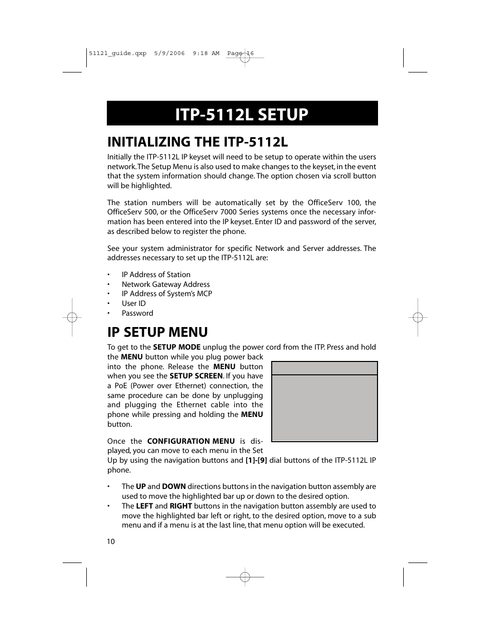 Itp-5112l setup, Initializing the itp-5112l, Ip setup menu | Samsung ITP-5112L User Manual | Page 17 / 98