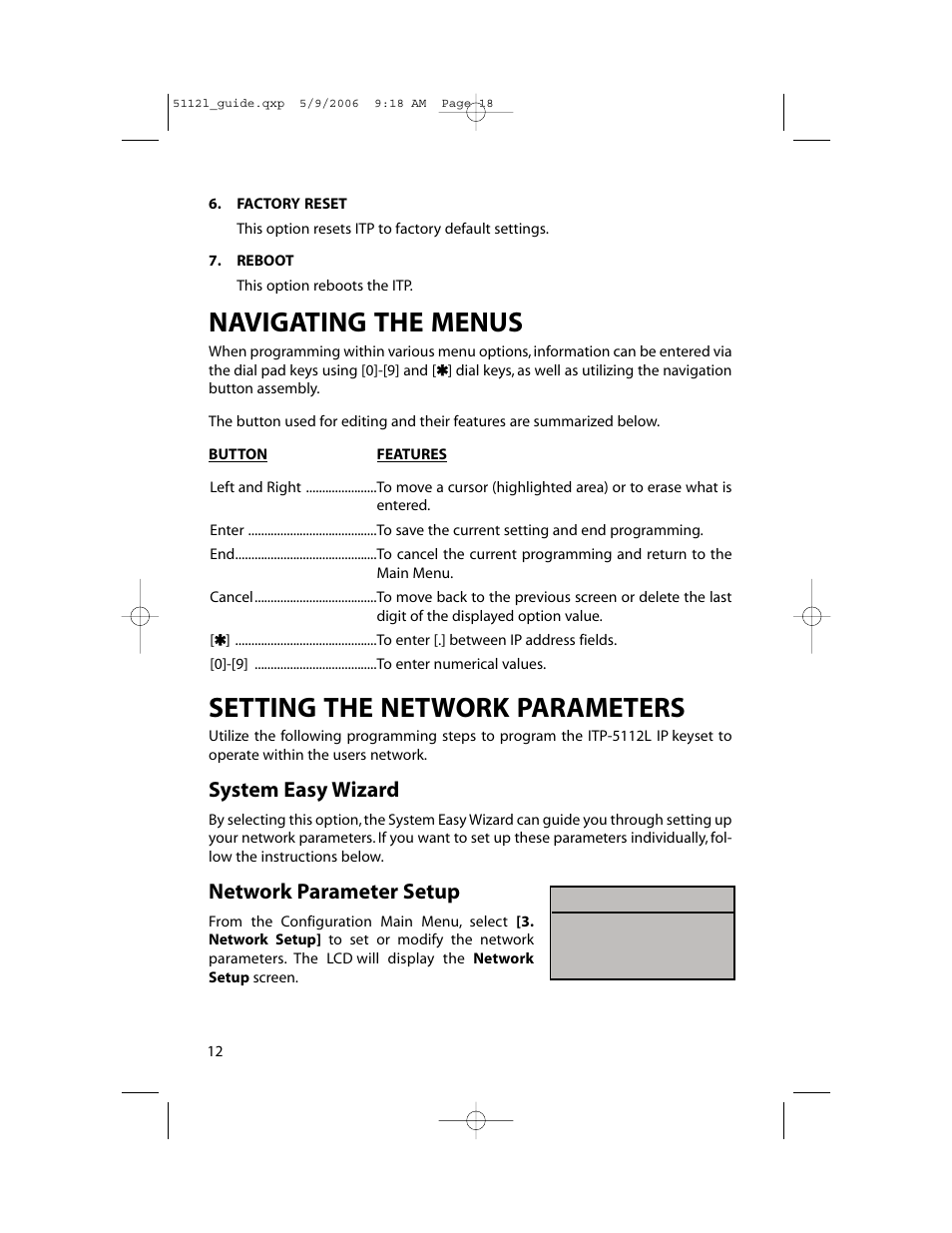 Navigating the menus, Setting the network parameters, System easy wizard | Network parameter setup | Samsung ITP-5112L User Manual | Page 19 / 98