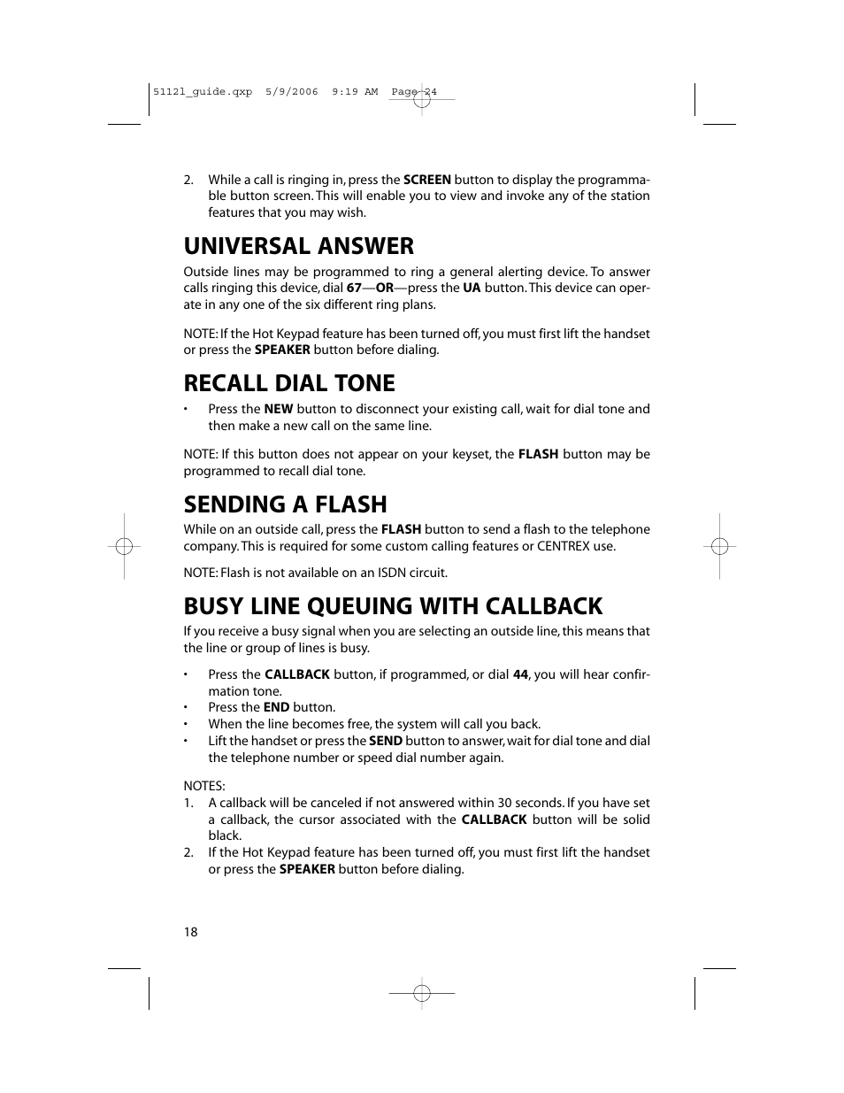 Universal answer, Recall dial tone, Sending a flash | Busy line queuing with callback | Samsung ITP-5112L User Manual | Page 25 / 98