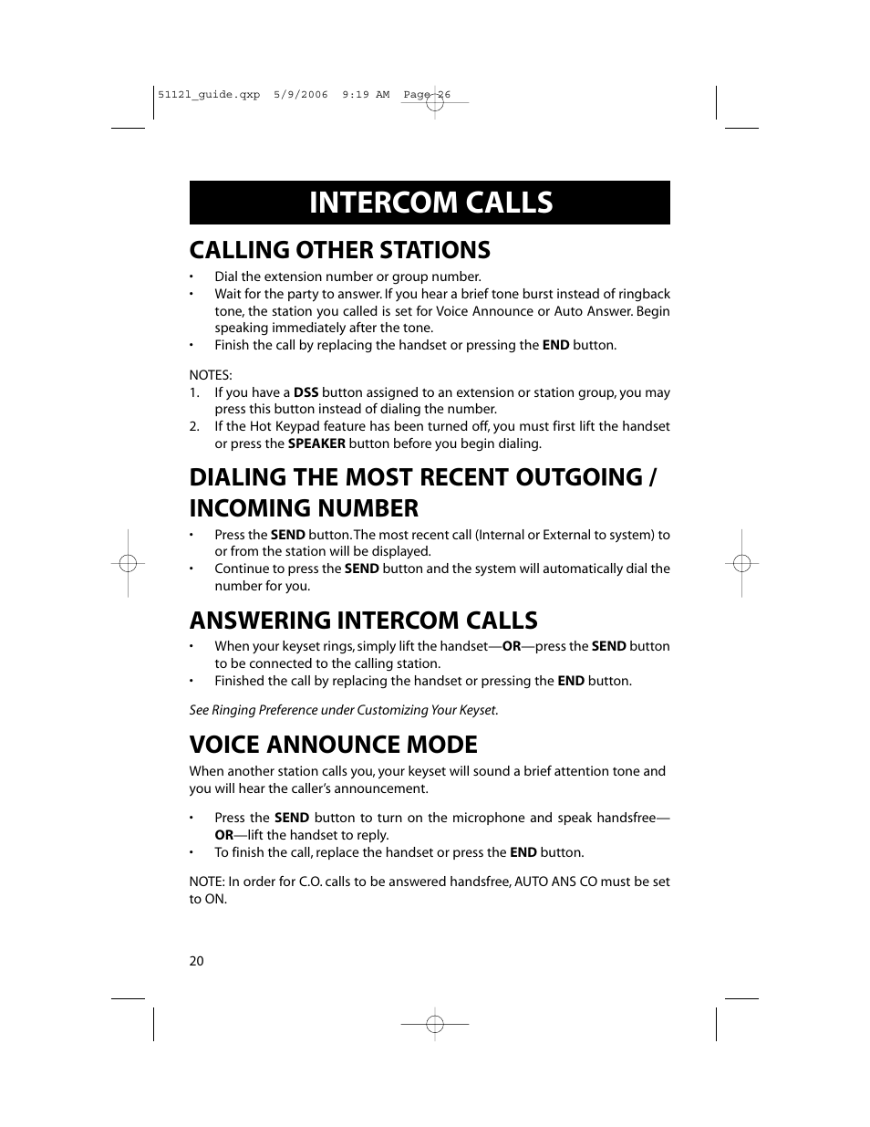 Intercom calls, Calling other stations, Dialing the most recent outgoing / incoming number | Answering intercom calls, Voice announce mode | Samsung ITP-5112L User Manual | Page 27 / 98