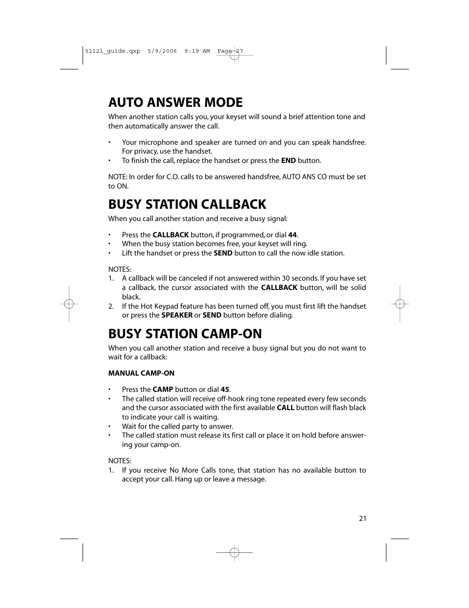 Auto answer mode, Busy station callback, Busy station camp-on | Samsung ITP-5112L User Manual | Page 28 / 98