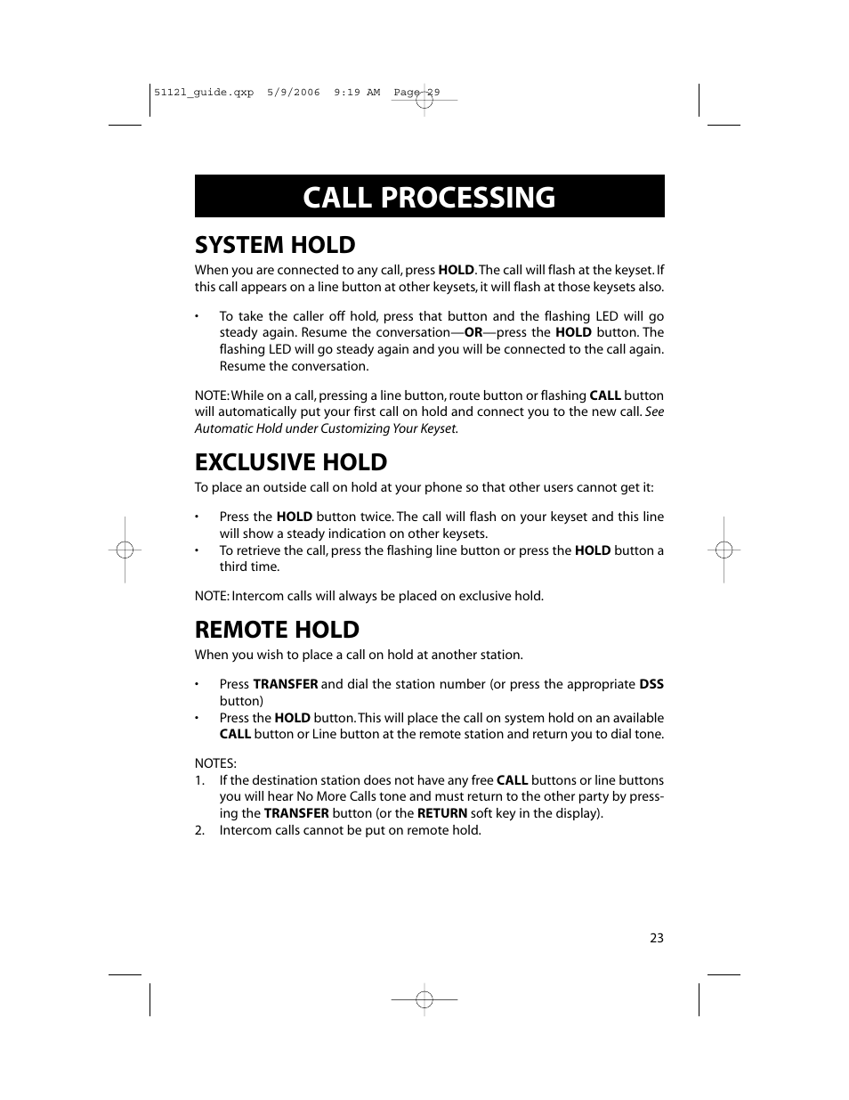 Call processing, System hold, Exclusive hold | Remote hold | Samsung ITP-5112L User Manual | Page 30 / 98