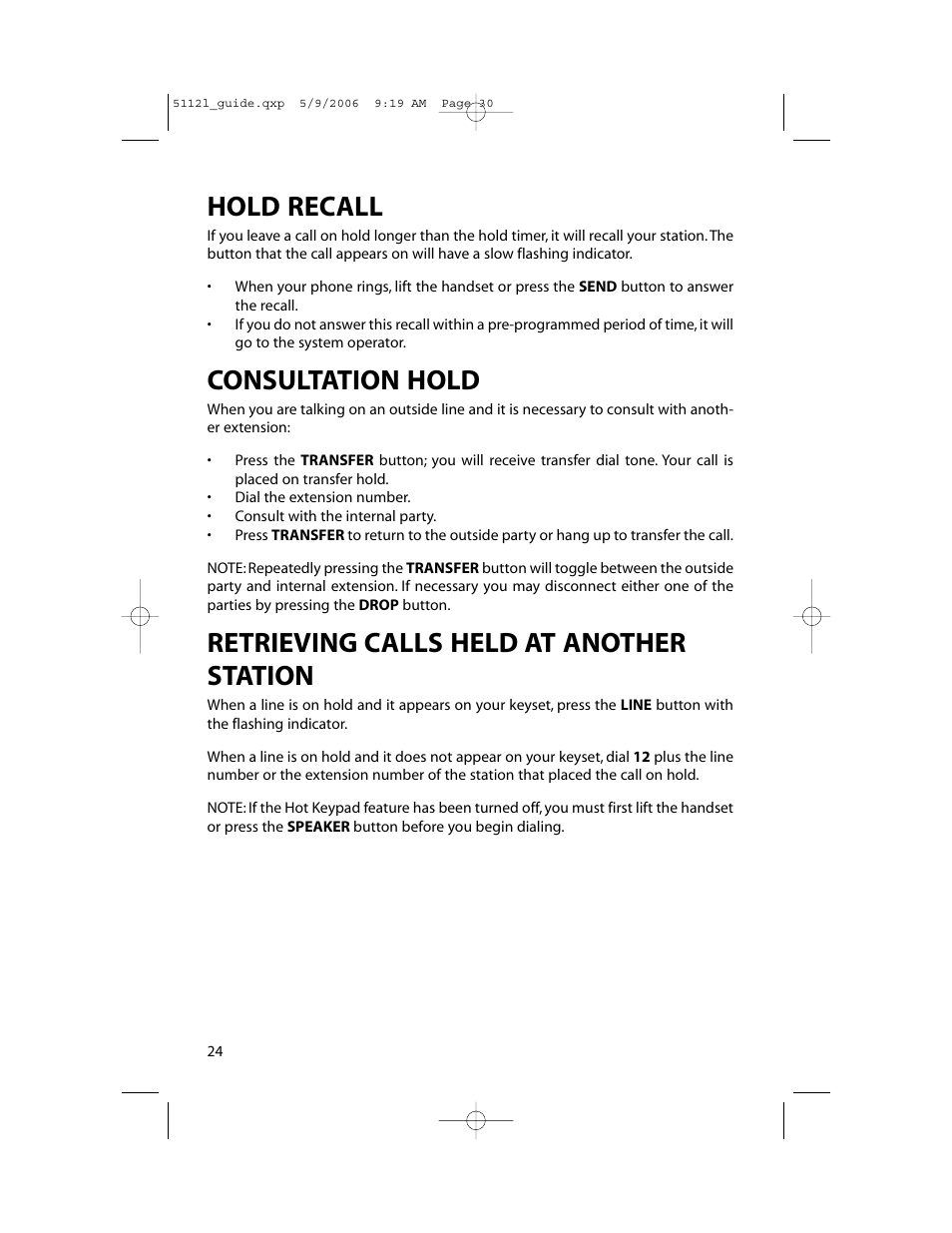 Hold recall, Consultation hold, Retrieving calls held at another station | Samsung ITP-5112L User Manual | Page 31 / 98