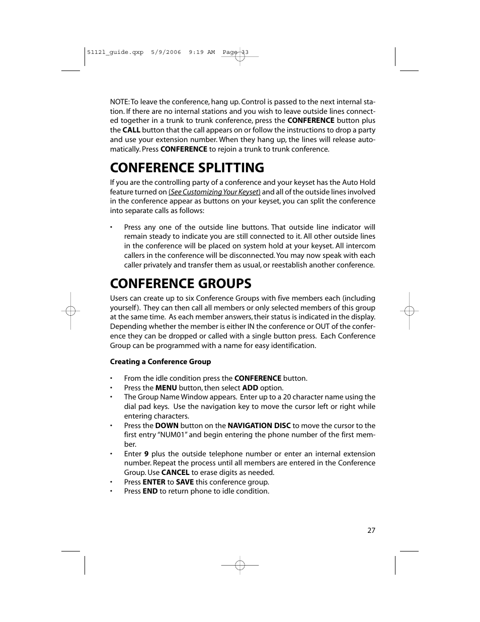 Conference splitting, Conference groups | Samsung ITP-5112L User Manual | Page 34 / 98