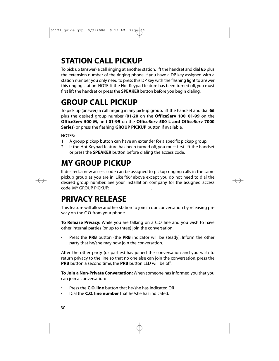 Station call pickup, Group call pickup, My group pickup | Privacy release | Samsung ITP-5112L User Manual | Page 37 / 98
