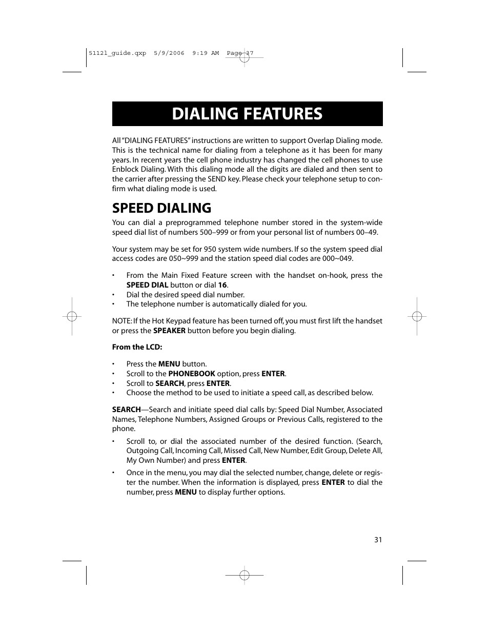 Dialing features, Speed dialing | Samsung ITP-5112L User Manual | Page 38 / 98