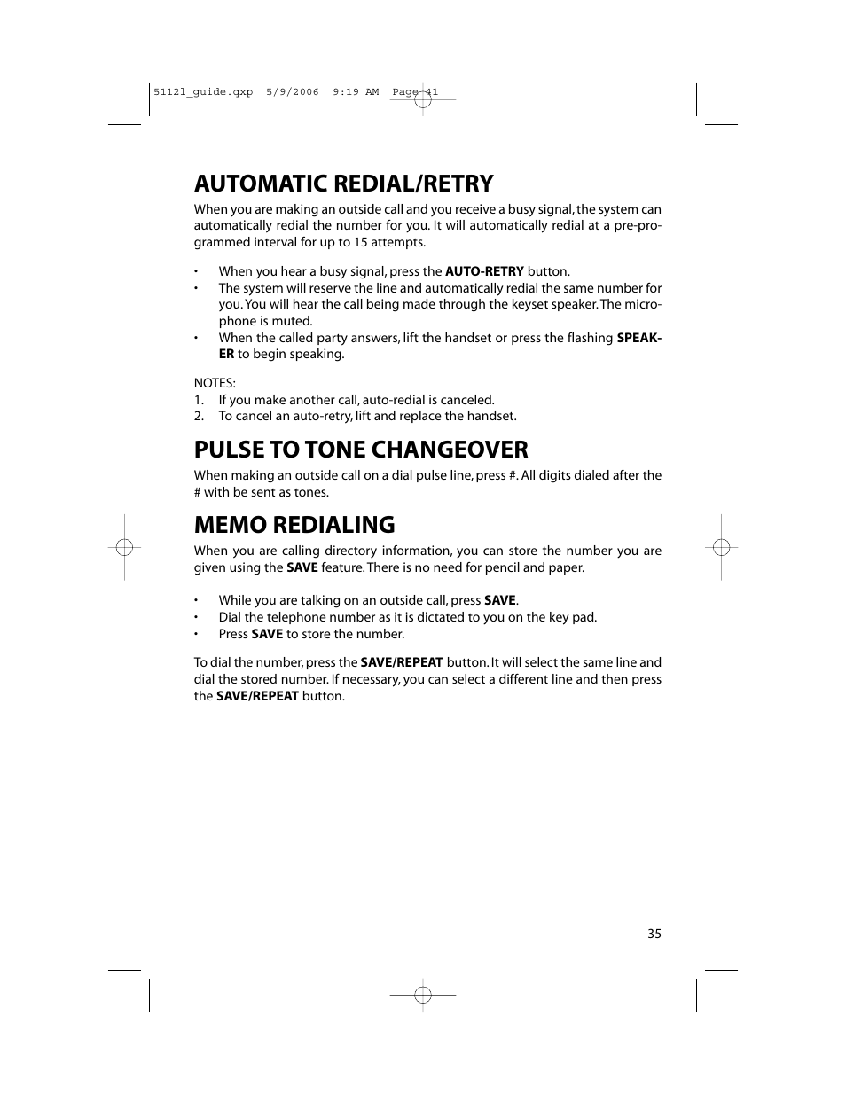 Automatic redial/retry, Pulse to tone changeover | Samsung ITP-5112L User Manual | Page 42 / 98