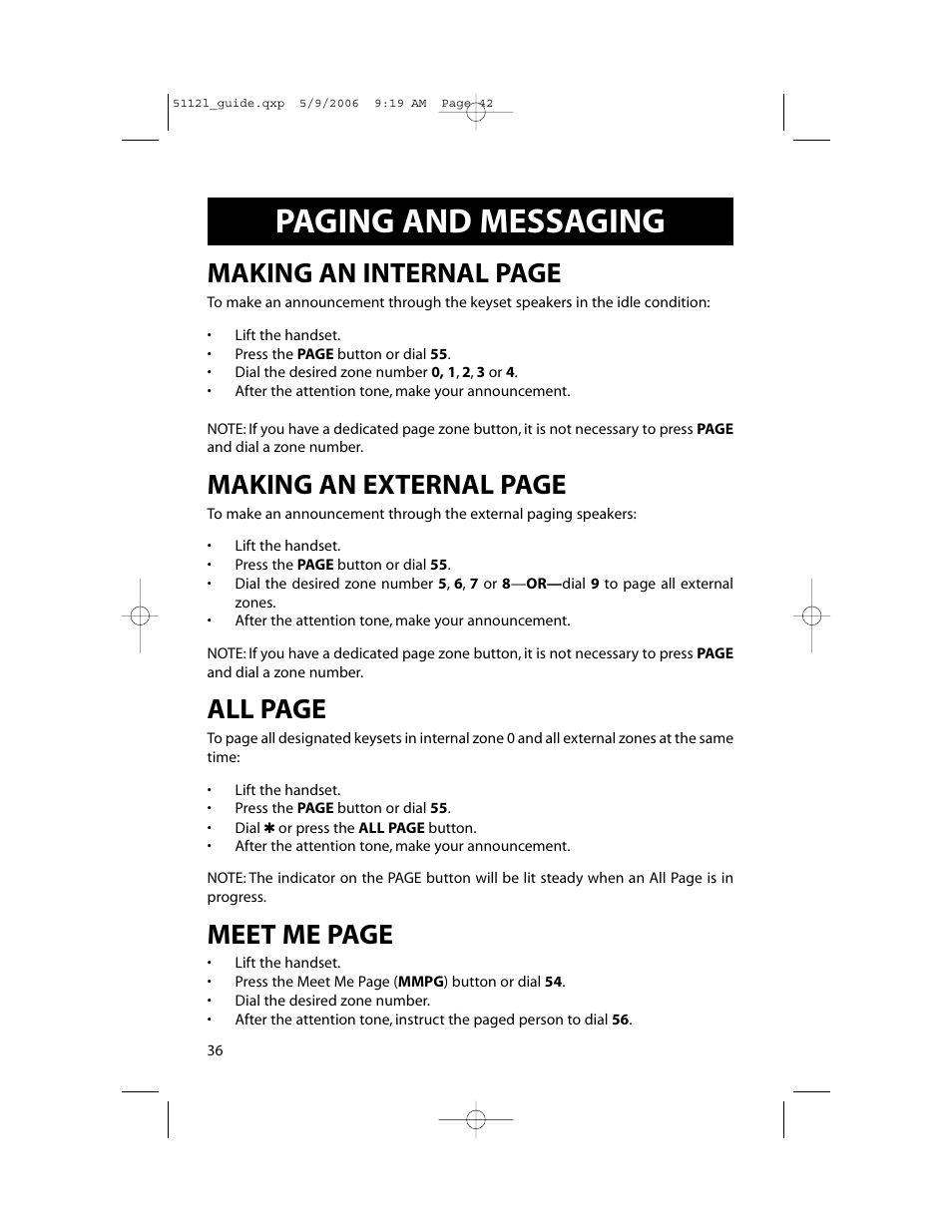 Paging and messaging, Making an internal page, Making an external page | All page, Meet me page | Samsung ITP-5112L User Manual | Page 43 / 98