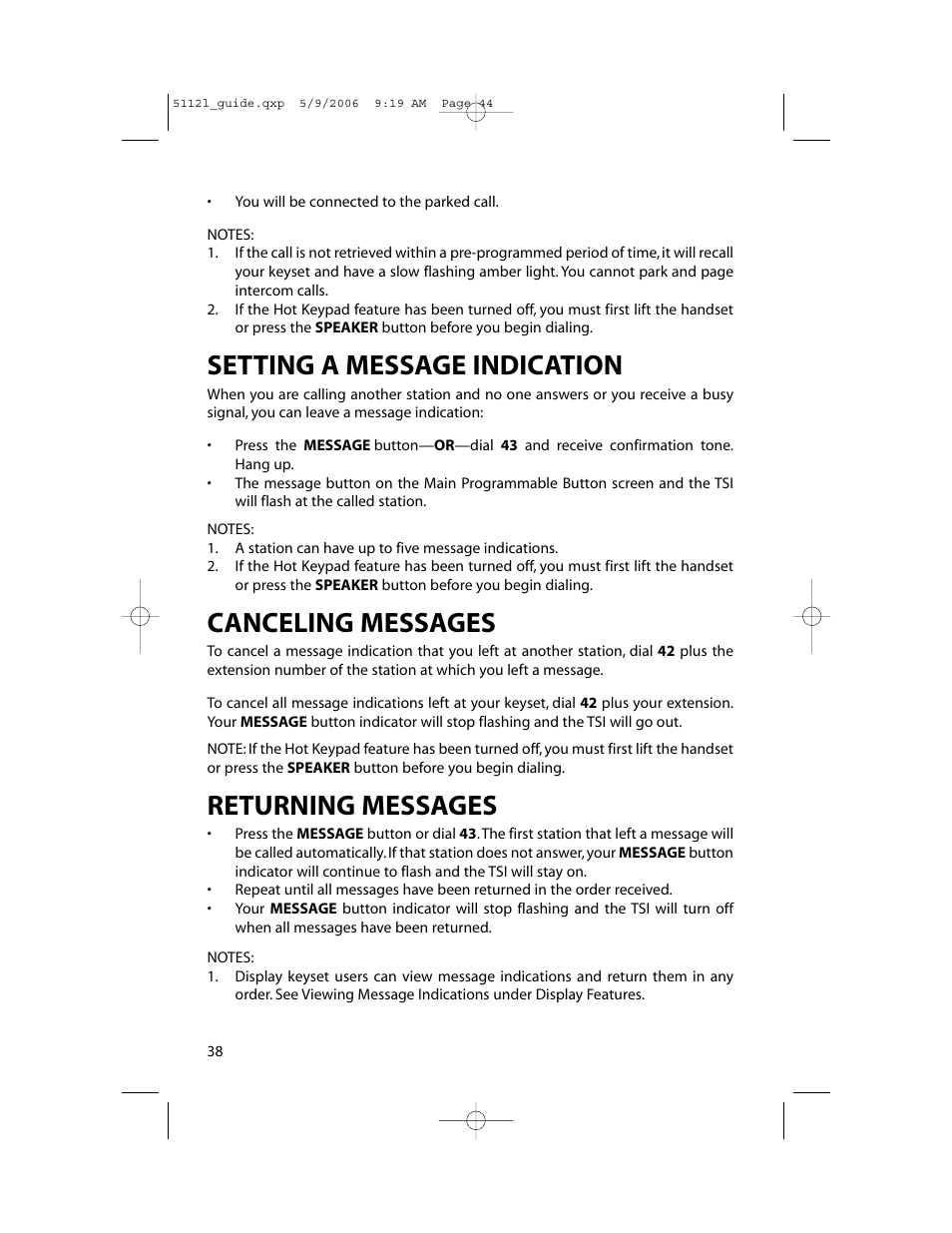 Setting a message indication, Canceling messages, Returning messages | Samsung ITP-5112L User Manual | Page 45 / 98