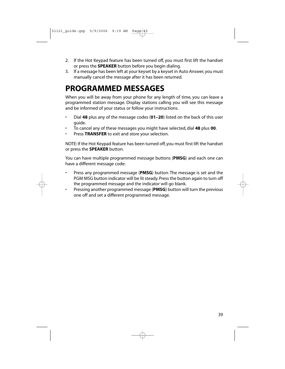 Programmed messages | Samsung ITP-5112L User Manual | Page 46 / 98