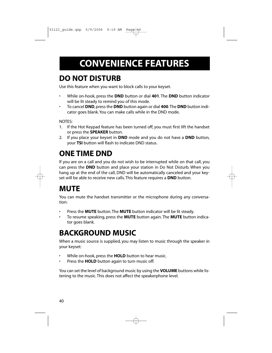 Convenience features, Do not disturb, One time dnd | Mute, Background music | Samsung ITP-5112L User Manual | Page 47 / 98