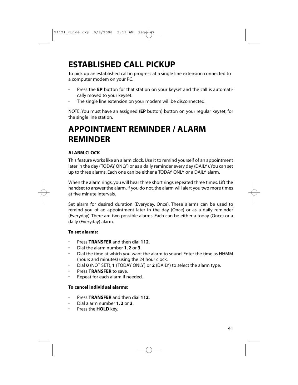 Established call pickup, Appointment reminder / alarm reminder | Samsung ITP-5112L User Manual | Page 48 / 98