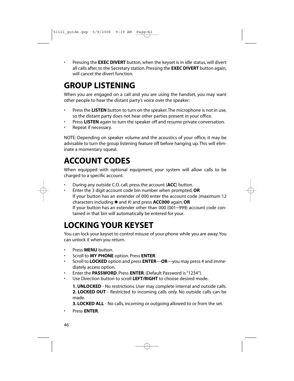 Group listening, Account codes, Locking your keyset | Samsung ITP-5112L User Manual | Page 53 / 98