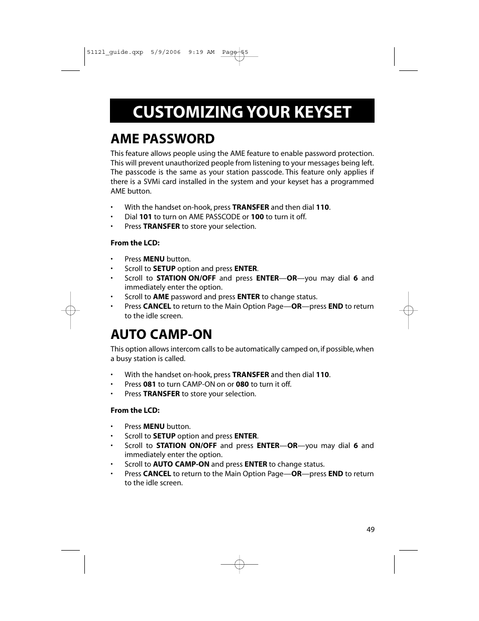 Customizing your keyset, Ame password, Auto camp-on | Samsung ITP-5112L User Manual | Page 56 / 98