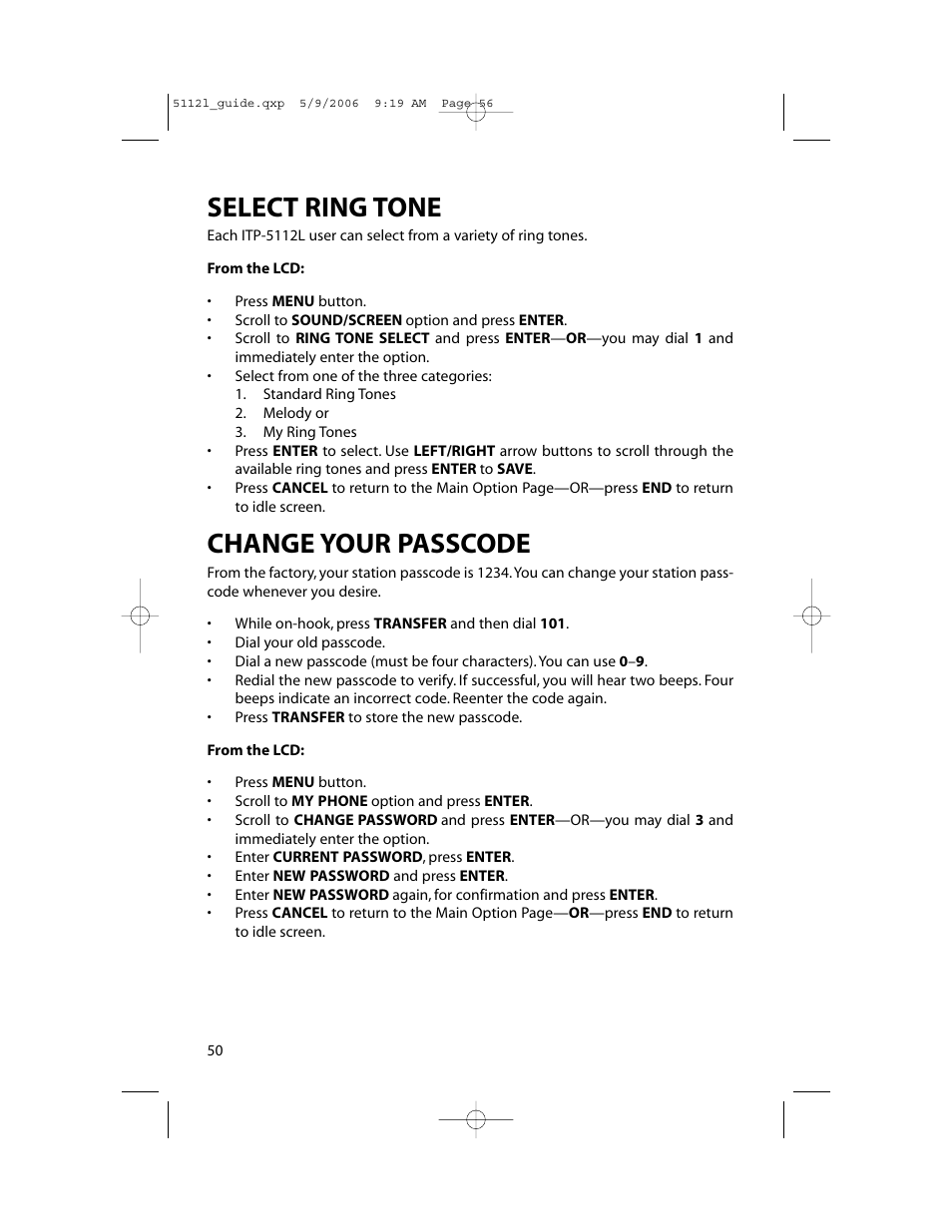 Select ring tone, Change your passcode | Samsung ITP-5112L User Manual | Page 57 / 98