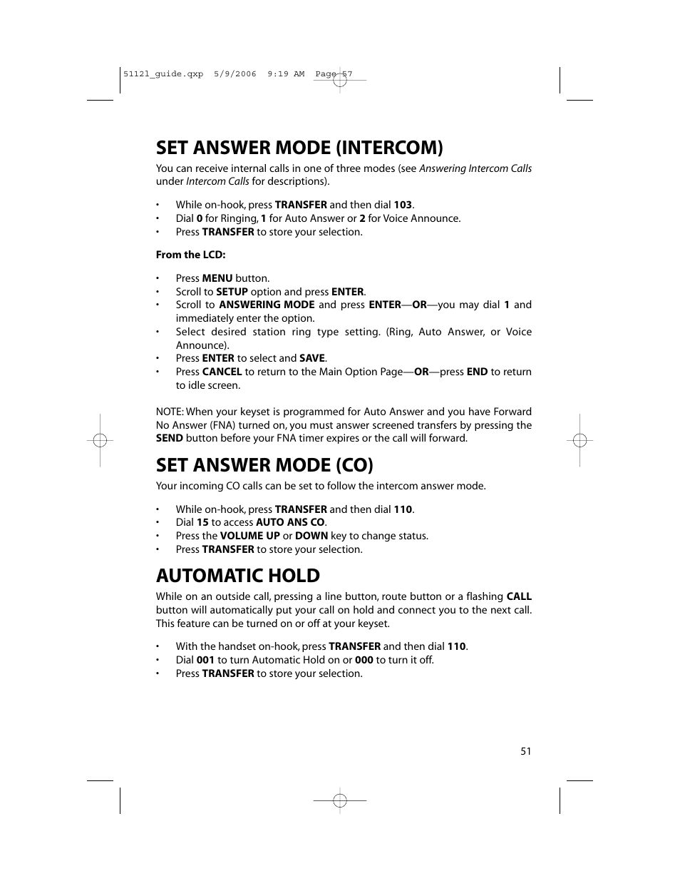 Set answer mode (intercom), Set answer mode (co), Automatic hold | Samsung ITP-5112L User Manual | Page 58 / 98