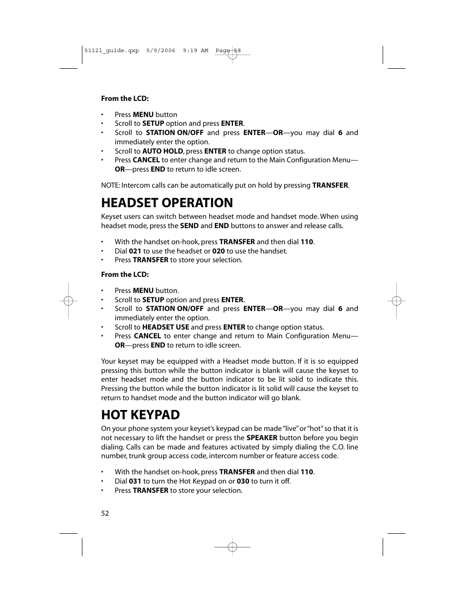 Headset operation, Hot keypad | Samsung ITP-5112L User Manual | Page 59 / 98