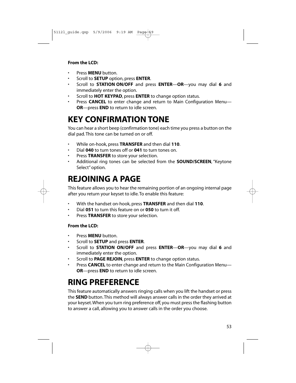 Key confirmation tone, Rejoining a page, Ring preference | Samsung ITP-5112L User Manual | Page 60 / 98