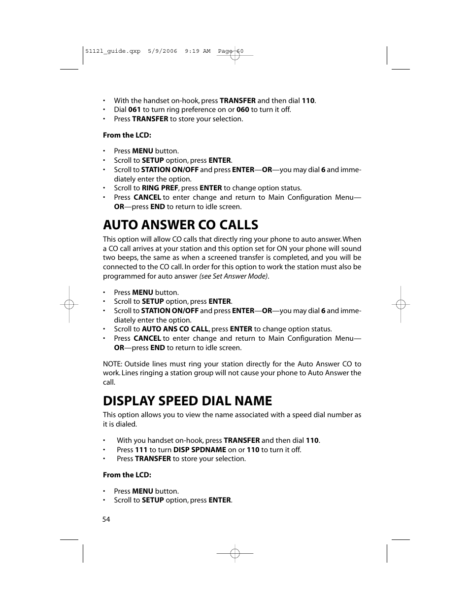 Auto answer co calls, Display speed dial name | Samsung ITP-5112L User Manual | Page 61 / 98