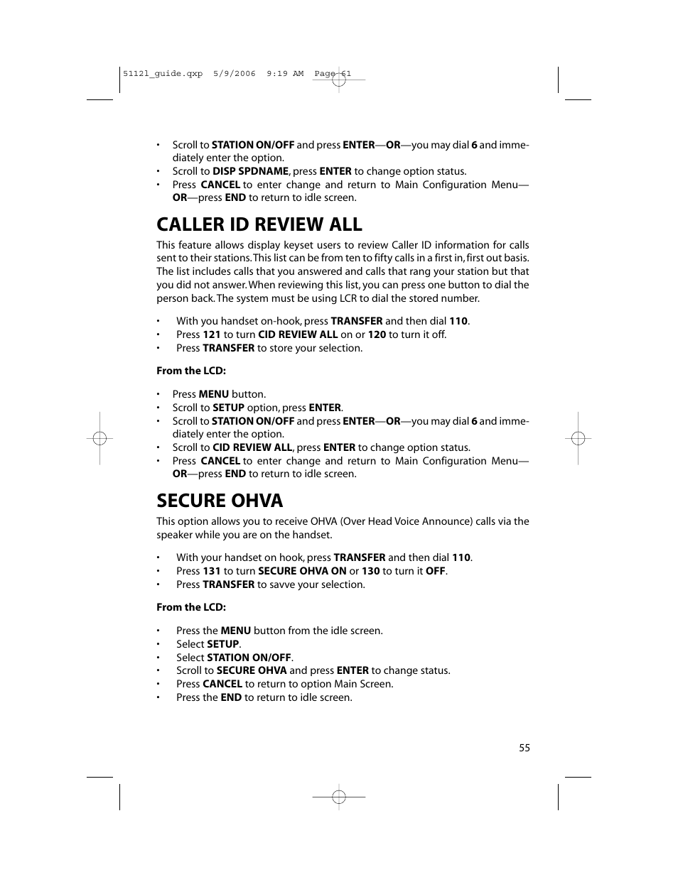 Caller id review all, Secure ohva | Samsung ITP-5112L User Manual | Page 62 / 98