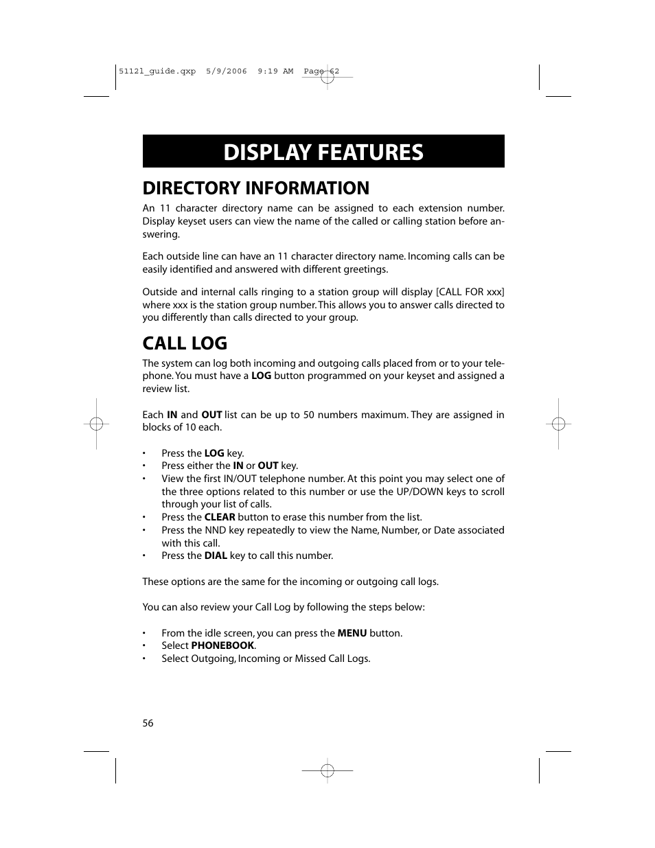 Display features, Directory information, Call log | Samsung ITP-5112L User Manual | Page 63 / 98