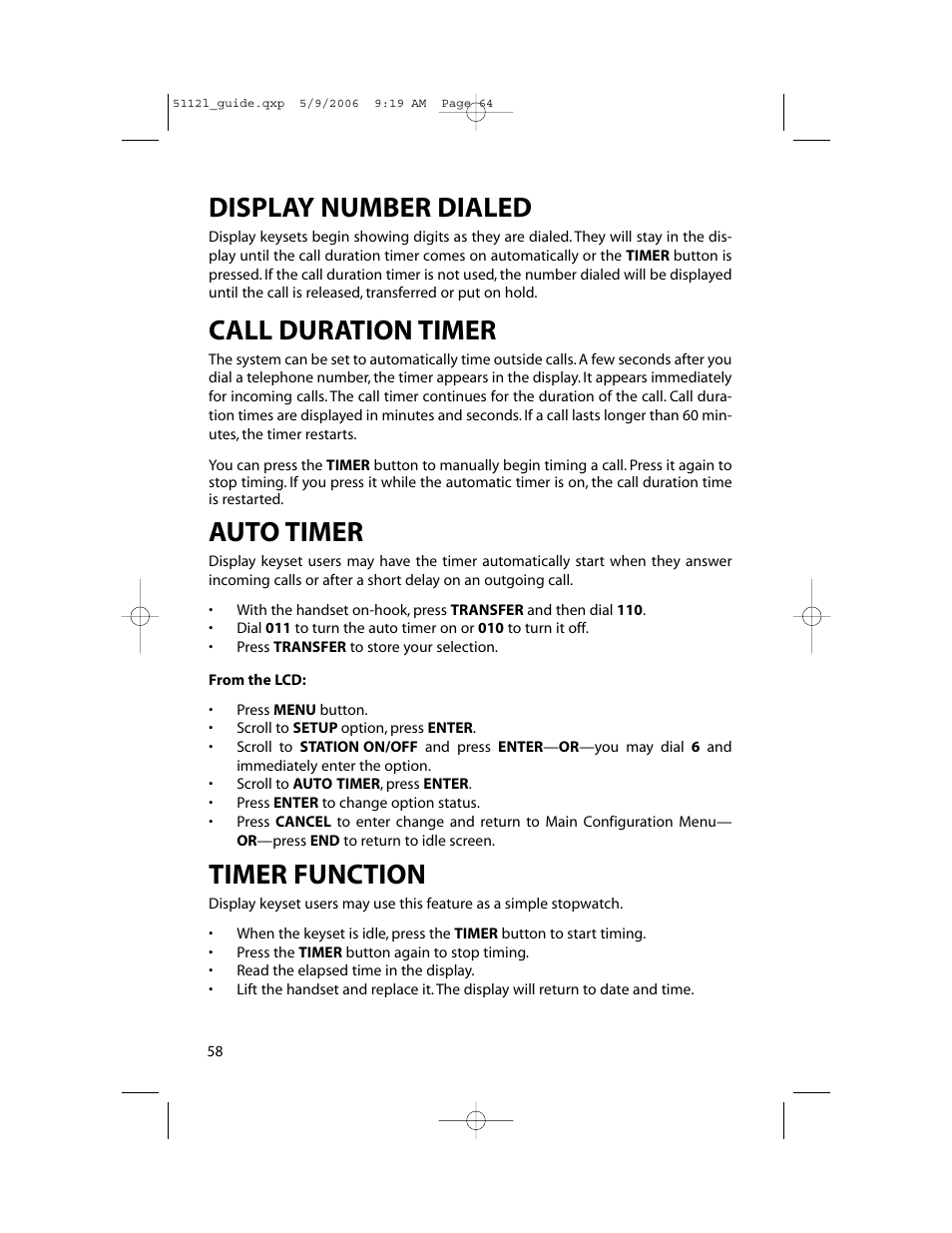 Display number dialed, Call duration timer, Auto timer | Timer function | Samsung ITP-5112L User Manual | Page 65 / 98