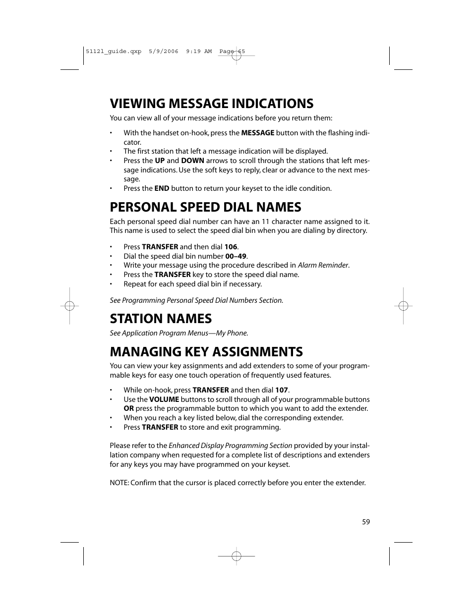 Viewing message indications, Personal speed dial names, Station names | Managing key assignments | Samsung ITP-5112L User Manual | Page 66 / 98