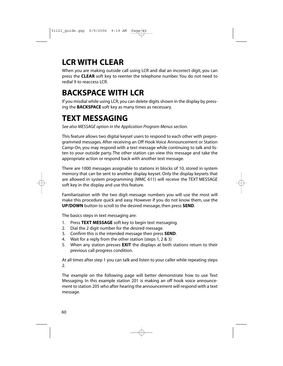 Lcr with clear, Backspace with lcr, Text messaging | Samsung ITP-5112L User Manual | Page 67 / 98