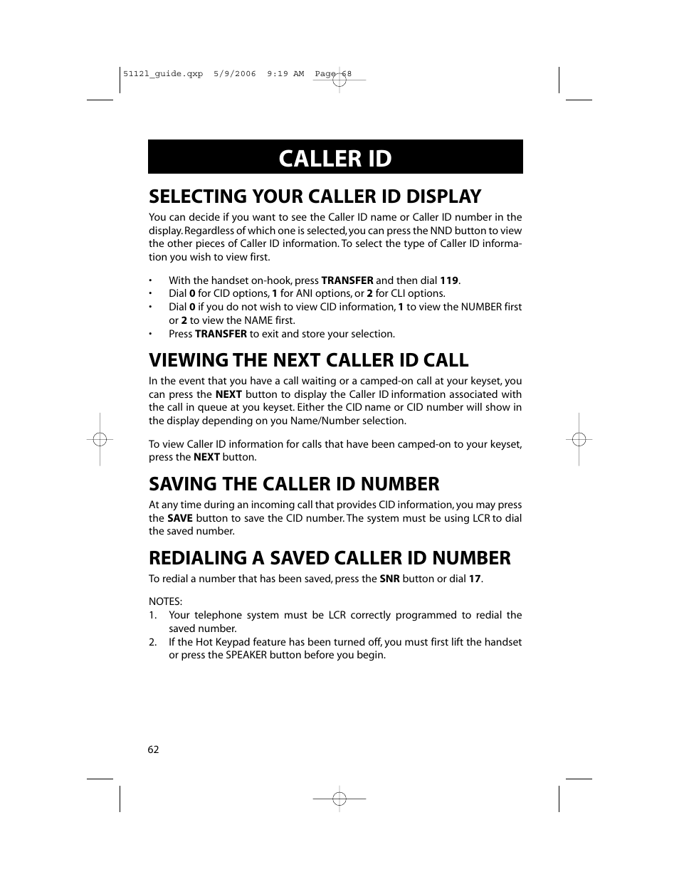 Caller id, Selecting your caller id display, Viewing the next caller id call | Saving the caller id number, Redialing a saved caller id number | Samsung ITP-5112L User Manual | Page 69 / 98