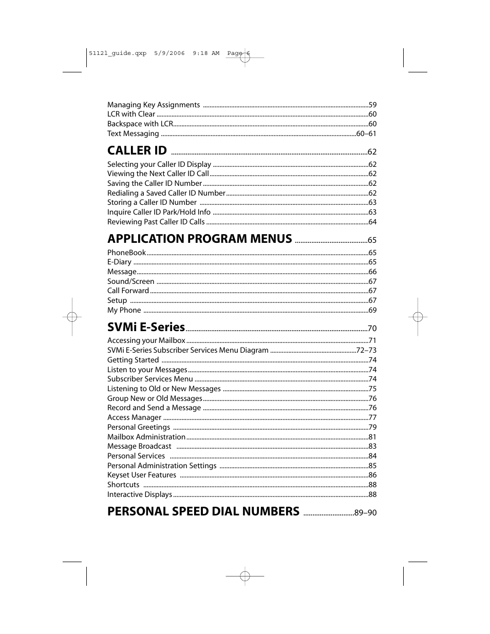 Caller id, Application program menus, Svmi e-series | Personal speed dial numbers | Samsung ITP-5112L User Manual | Page 7 / 98