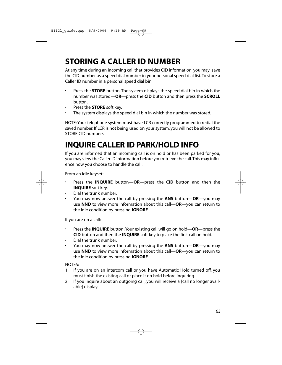 Storing a caller id number, Inquire caller id park/hold info | Samsung ITP-5112L User Manual | Page 70 / 98