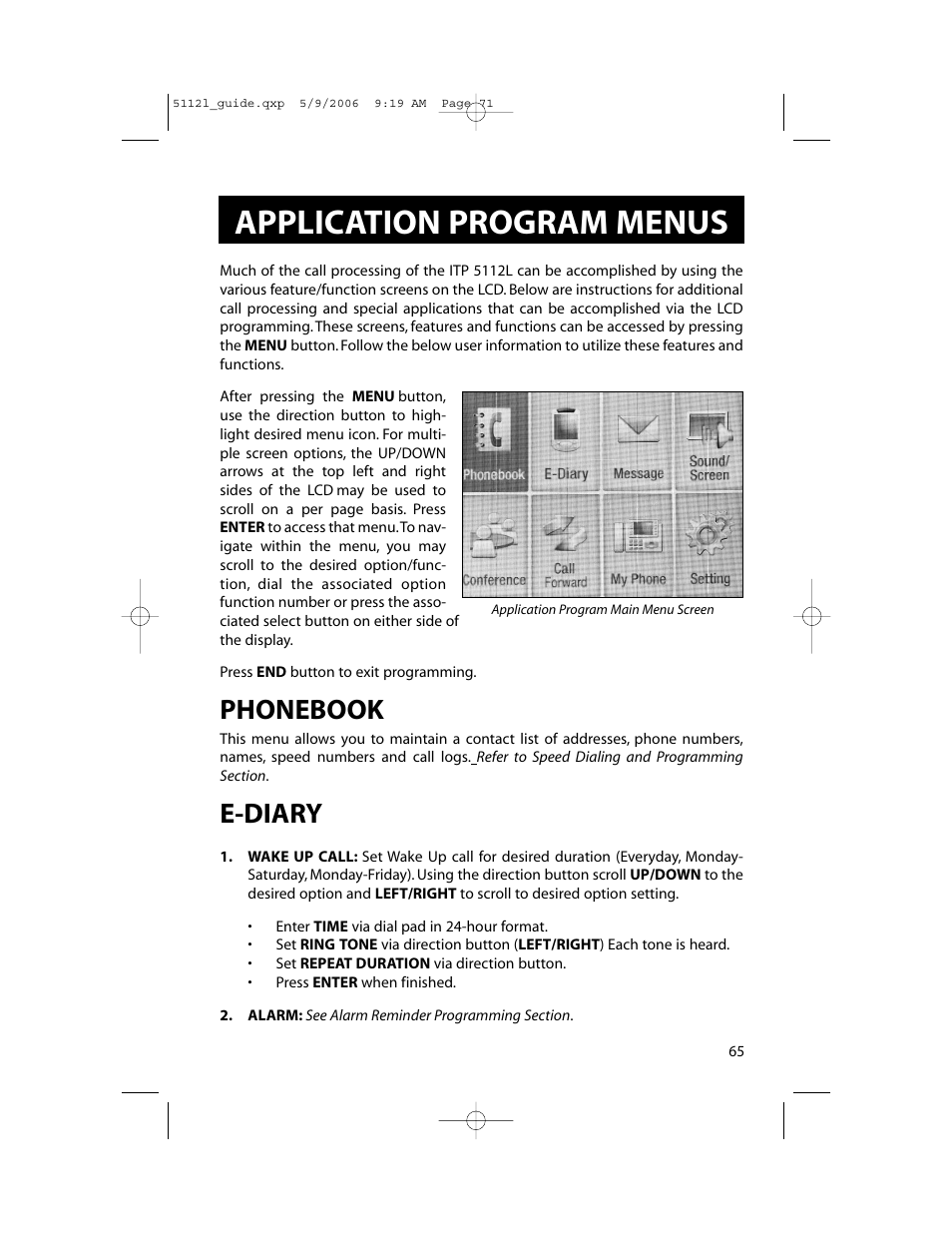 Application program menus, Phonebook, E-diary | Samsung ITP-5112L User Manual | Page 72 / 98