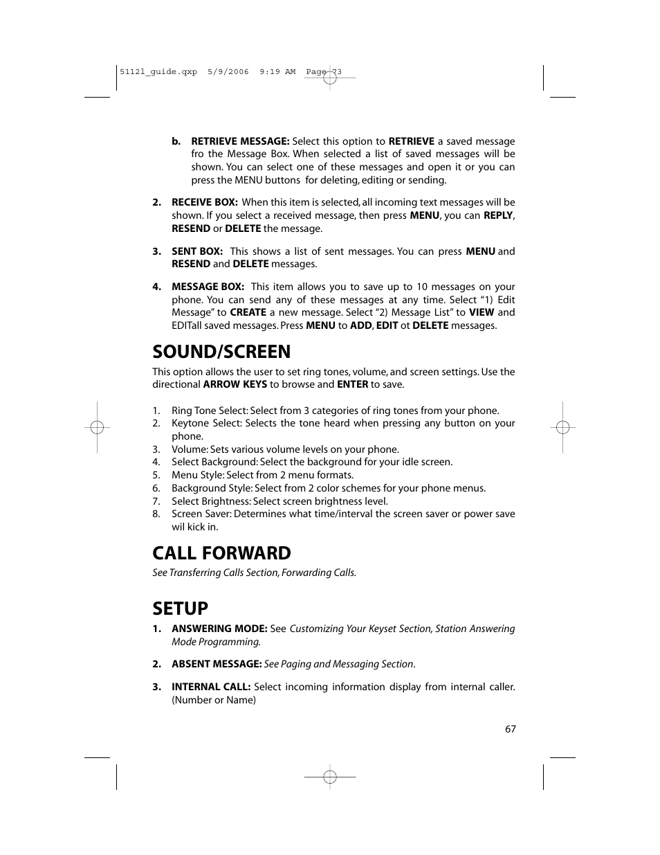 Sound/screen, Call forward, Setup | Samsung ITP-5112L User Manual | Page 74 / 98