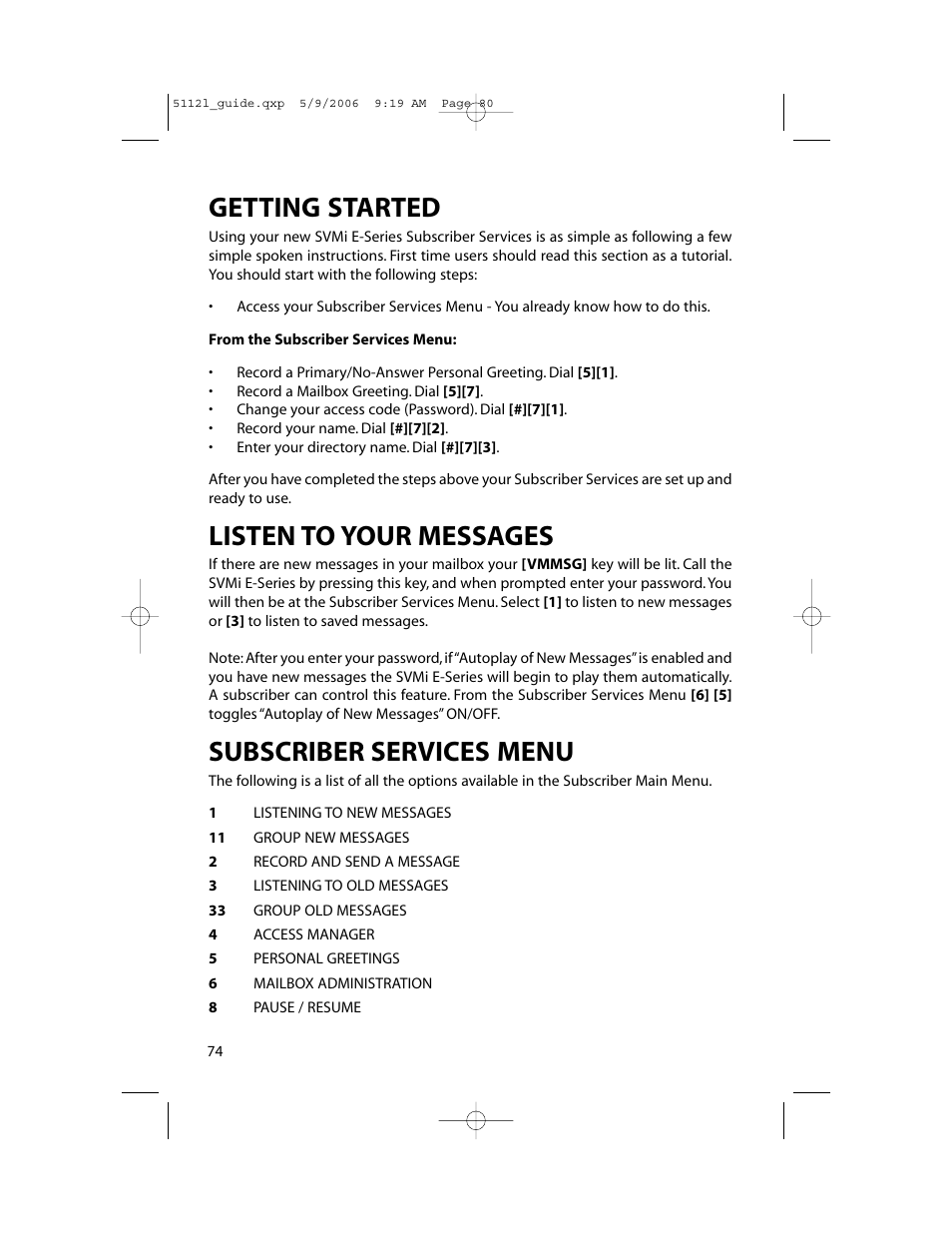 Getting started, Listen to your messages, Subscriber services menu | Samsung ITP-5112L User Manual | Page 81 / 98