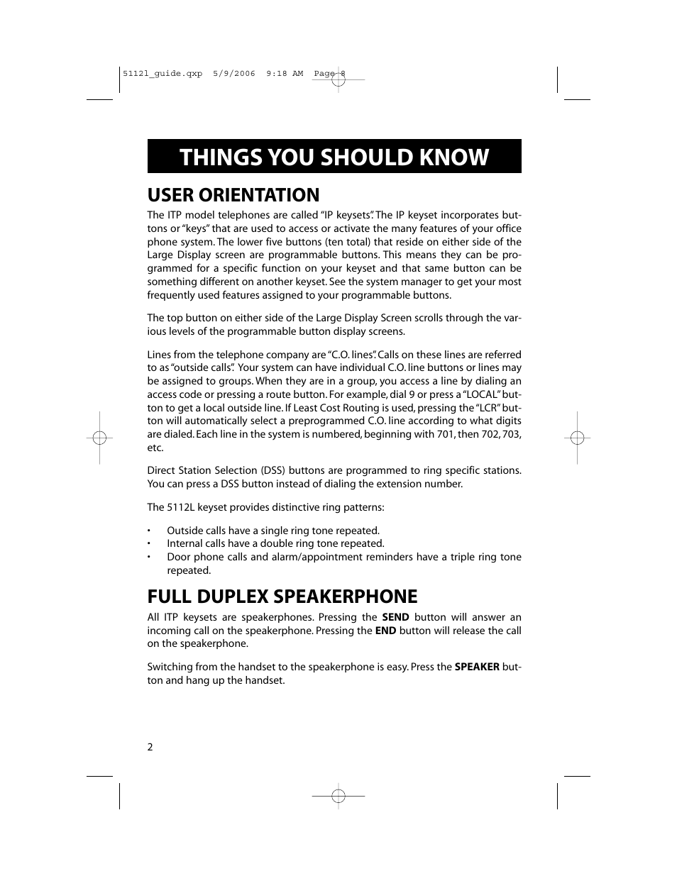 Things you should know, User orientation, Full duplex speakerphone | Samsung ITP-5112L User Manual | Page 9 / 98