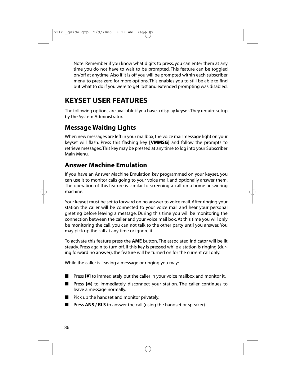 Keyset user features, Message waiting lights, Answer machine emulation | Samsung ITP-5112L User Manual | Page 93 / 98