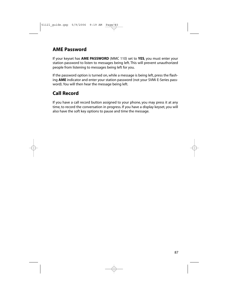 Ame password, Call record | Samsung ITP-5112L User Manual | Page 94 / 98