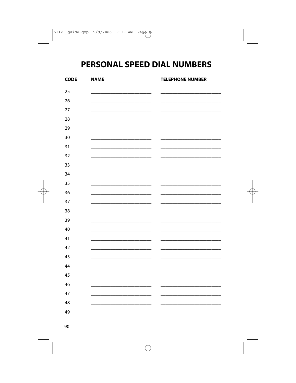 Personal speed dial numbers | Samsung ITP-5112L User Manual | Page 97 / 98