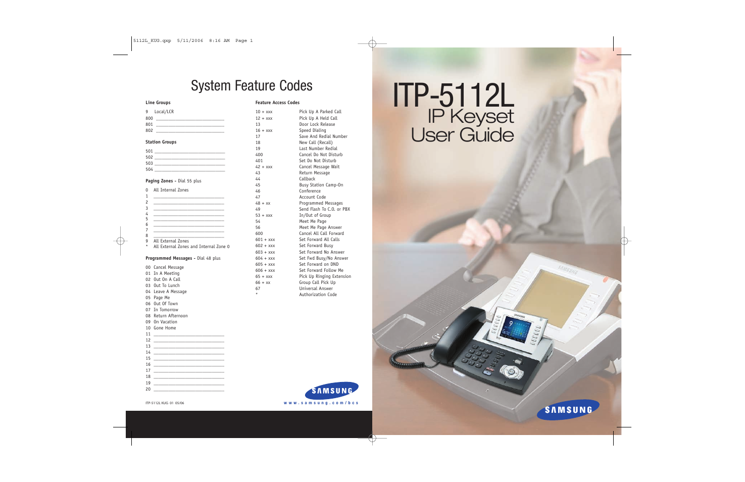 Itp-5112l, Ip keyset user guide, System feature codes | Samsung ITP-5112L User Manual | Page 98 / 98