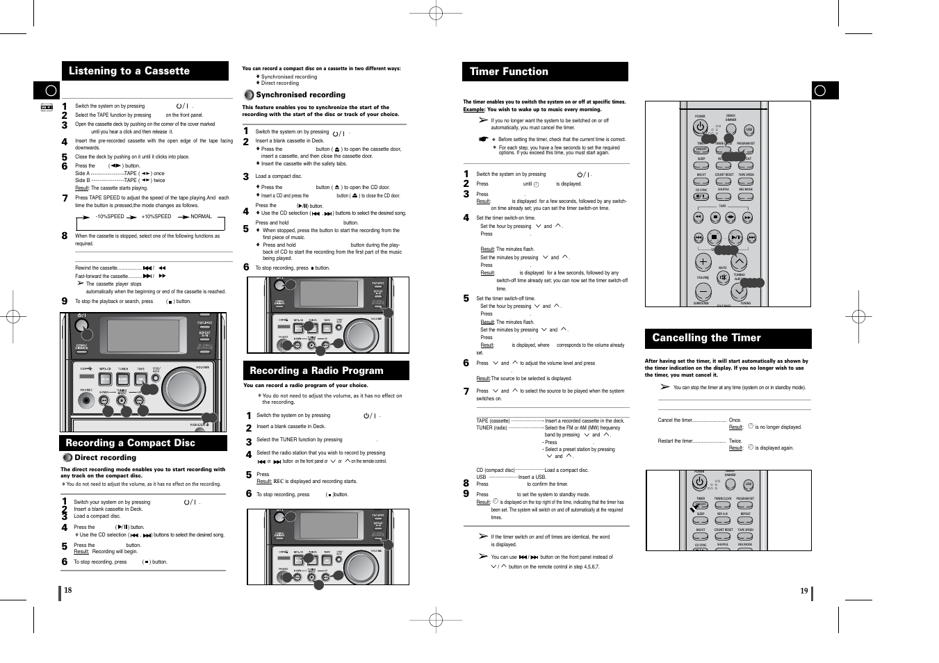 Listening to a cassette, Recording a compact disc, Recording a radio program | Timer function, Cancelling the timer, Timer function cancelling the timer | Samsung MM-T6 User Manual | Page 10 / 13