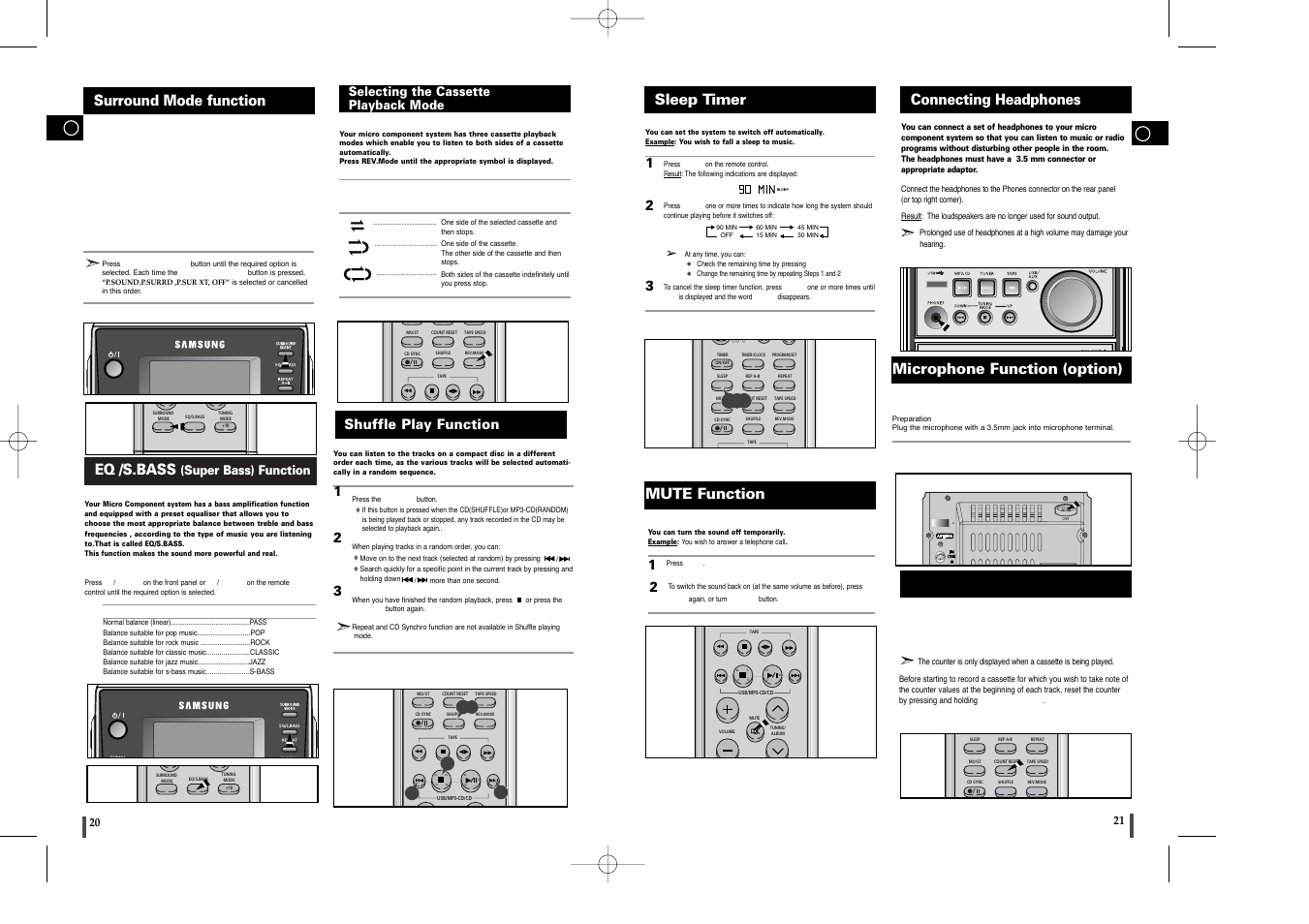Surround mode function, Eq /s.bass (super bass) function, Selecting the cassette playback mode | Shuffle play function, Sleep timer, Mute function, Connecting headphones, Microphone function (option), Tape counter, Safety precautions | Samsung MM-T6 User Manual | Page 11 / 13