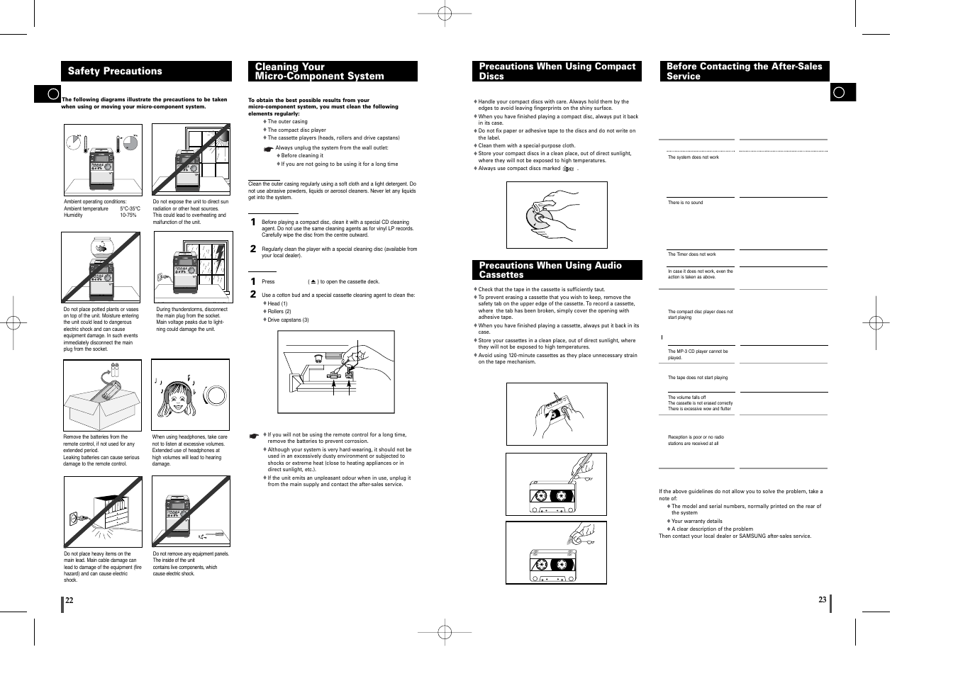Precautions when using compact discs, Precautions when using audio cassettes, Before contacting the after-sales service | Technical specifications, Compact digital audio, Volume up down, Cleaning your micro-component system 1 1 2 2, Safety precautions | Samsung MM-T6 User Manual | Page 12 / 13