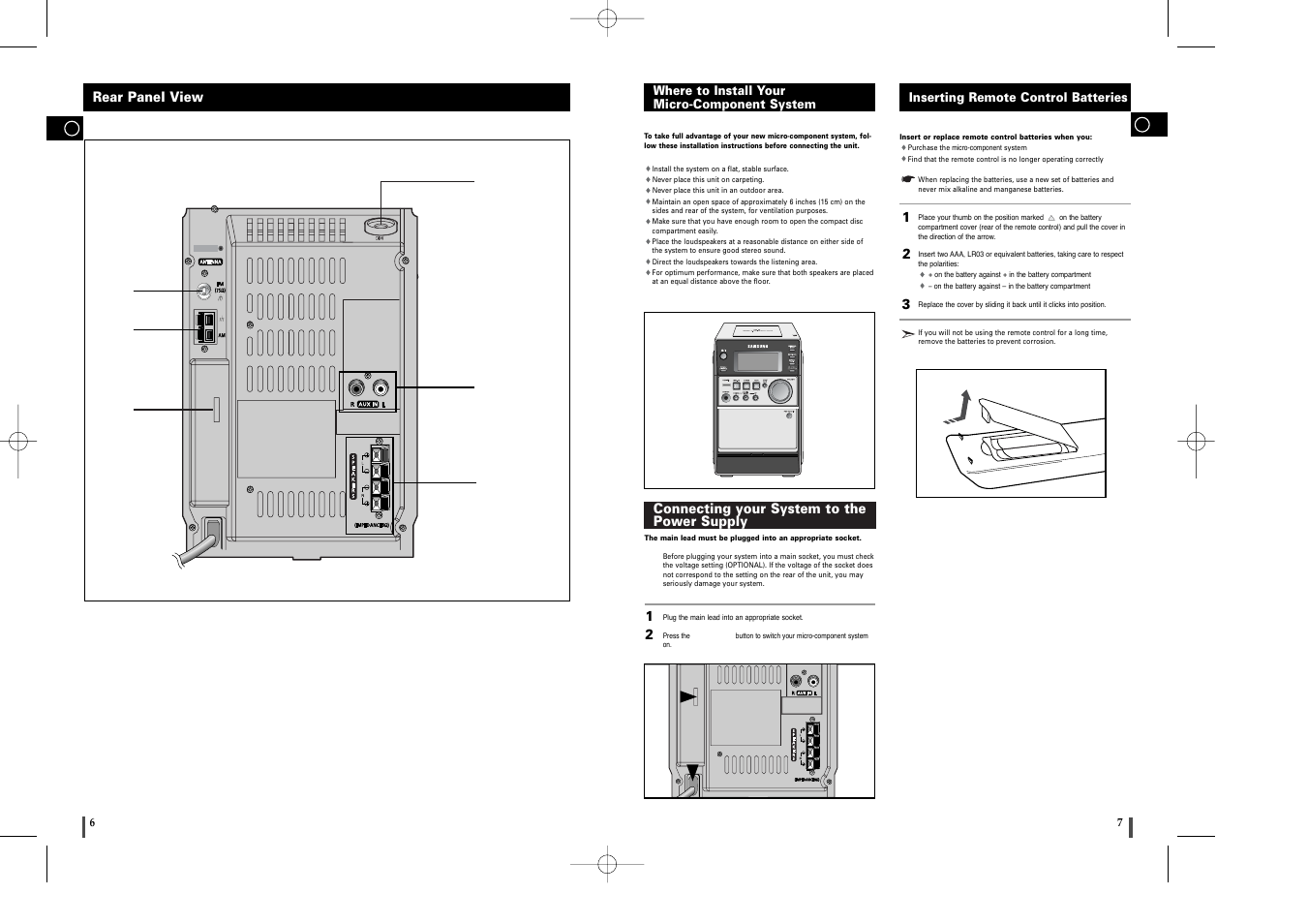 Rear panel view, Where to install your micro-component system, Connecting your system to the power supply | Inserting remote control batteries | Samsung MM-T6 User Manual | Page 4 / 13