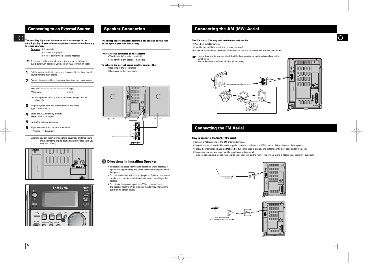 Connecting to an external source, Speaker connection, Connecting the am (mw) aerial | Connecting the fm aerial | Samsung MM-T6 User Manual | Page 5 / 13