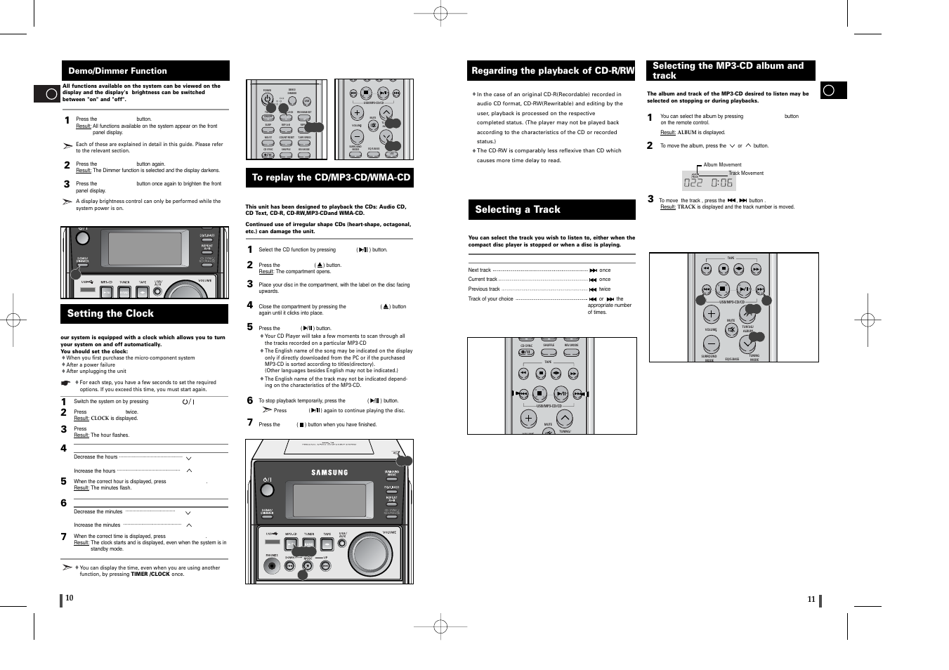 Demo/dimmer function, Setting the clock, Regarding the playback of cd-r/rw | Selecting a track, Selecting the mp3-cd album and track | Samsung MM-T6 User Manual | Page 6 / 13