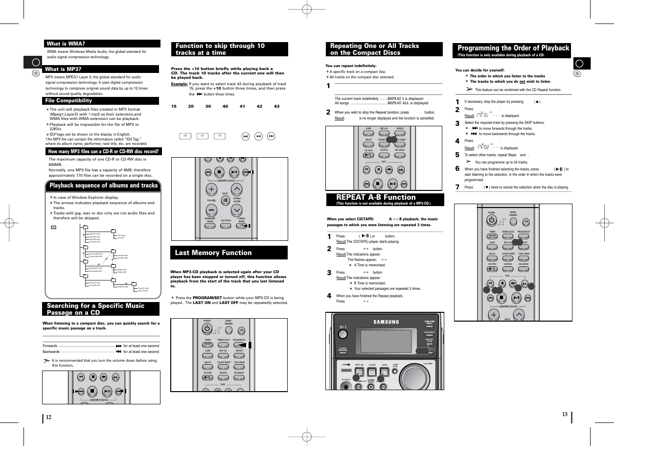Searching for a specific music passage on a cd, Function to skip through 10 tracks at a time, Last memory function | Repeating one or all tracks on the compact discs, Repeat a-b function, Programming the order of playback, Playback sequence of albums and tracks | Samsung MM-T6 User Manual | Page 7 / 13